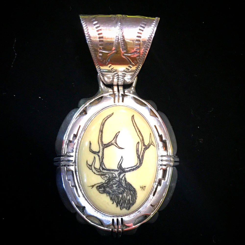 Native American Elk Scrimshaw/Silver Pendant